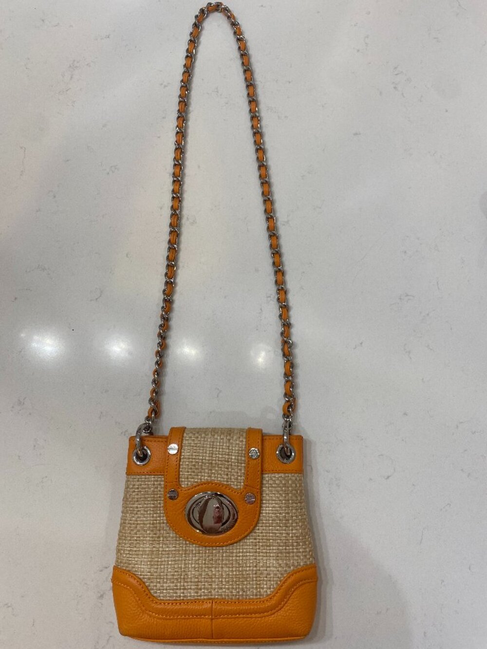 Bodhi Mini Straw & Tanger Leather Turnlock Crossbody Bag w/Interwoven Chain Stra